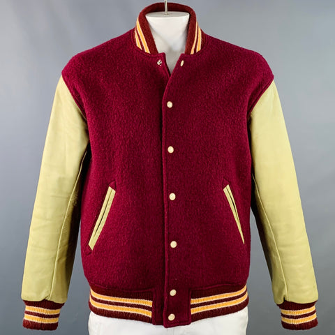 PRESIDENT's Size L Red Khaki Wool Blend Leather Snaps Varsity Jacket