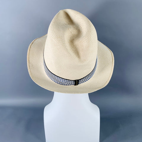 BORSALINO x PORK PIE HATTERS Cream Blue Woven Straw Fedora Hat