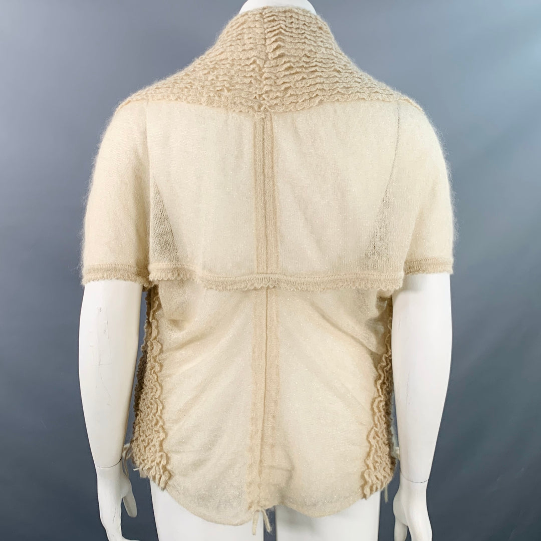 ALAIA Size L Beige Gold Mohair Blend Textured Ruffle Short Sleeve Open Front Cardigan