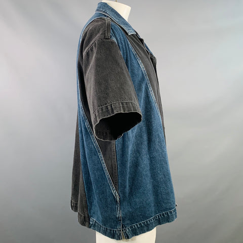 FENG CHEN WANG Size XL Black Indigo Patchwork Cotton Short Sleeve Shirt