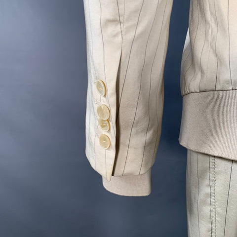 GAULTIER 2 Vintage Size 38 Beige Grey Pinstripe Wool Silk Single Button Hooded Suit