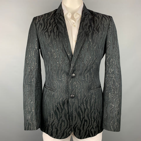 ROBERTO CAVALLI Size 44 Black & Gold Jacquard Wool Blend Sport Coat