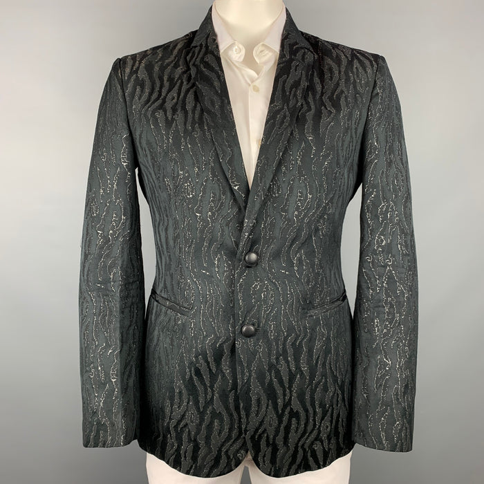ROBERTO CAVALLI Size 44 Black & Gold Jacquard Wool Blend Sport Coat