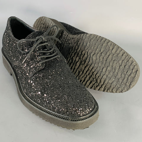 GIUSEPPE ZANOTTI Size 8 Black Glitter Leather Derby Lace-Up Shoes