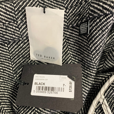 TED BAKER Size XXXL Black White Herringbone Wool Blend Coat