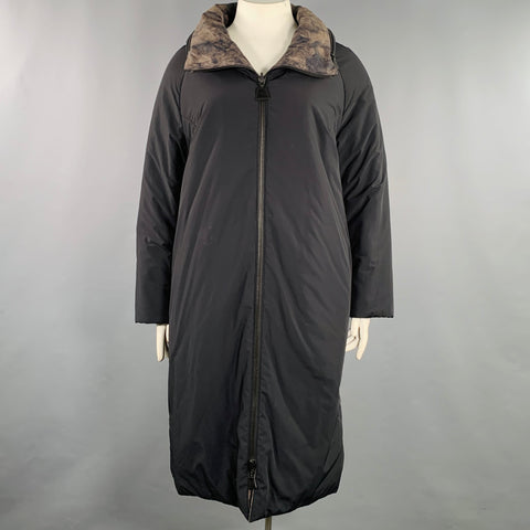 AKRIS Size 14 Black Brown Fur Effect Nylon Reversible Puffer Coat