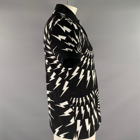 NEIL BARRETT Size L Black White Graphic Cotton Slim Fit Polo