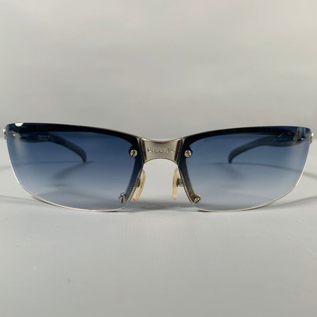CHANEL Grey Silver Acetate Metal Wrap Around Sunglasses