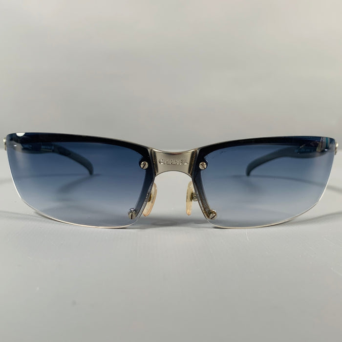 CHANEL Grey Silver Acetate Metal Wrap Around Sunglasses