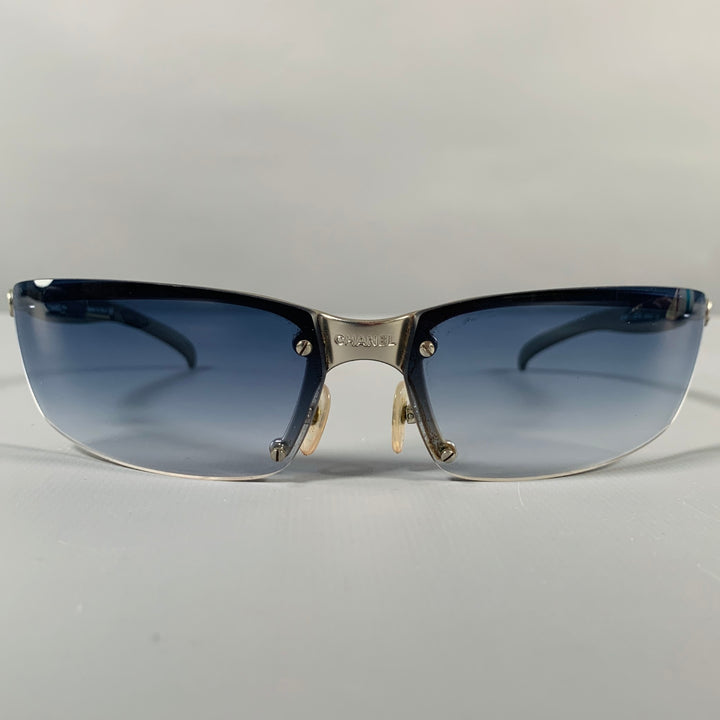 CHANEL Grey Silver Acetate Metal Wrap Around Sunglasses