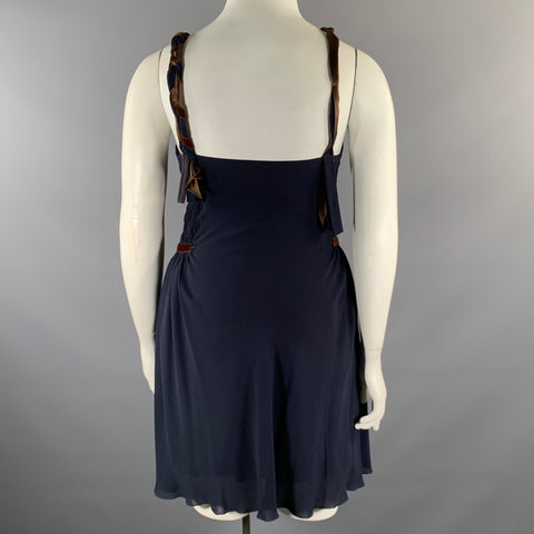 MOSCHINO Size 12 Navy Brown Silk Ribbon Dress