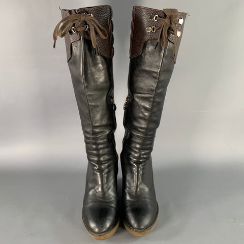 MONCLER Size 10 Black Brown Leather Knee High Crepe Sole Wedge Boots