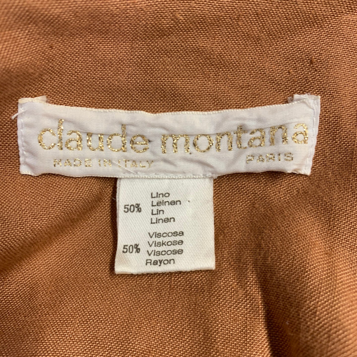 CLAUDE MONTANA Size 4 Brown Linen Blend Pleated Flat Front Pants Suit