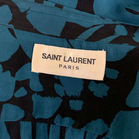 SAINT LAURENT Size S Turquoise Black Abstract Floral Silk Short Sleeve Shirt