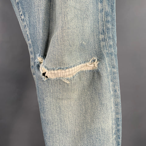 JOHN ELLIOTT Size 34 Blue Distressed Cotton Blend Button Fly Jeans