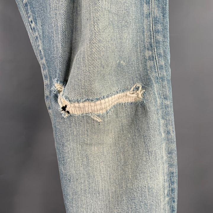 JOHN ELLIOTT Size 34 Blue Distressed Cotton Blend Button Fly Jeans