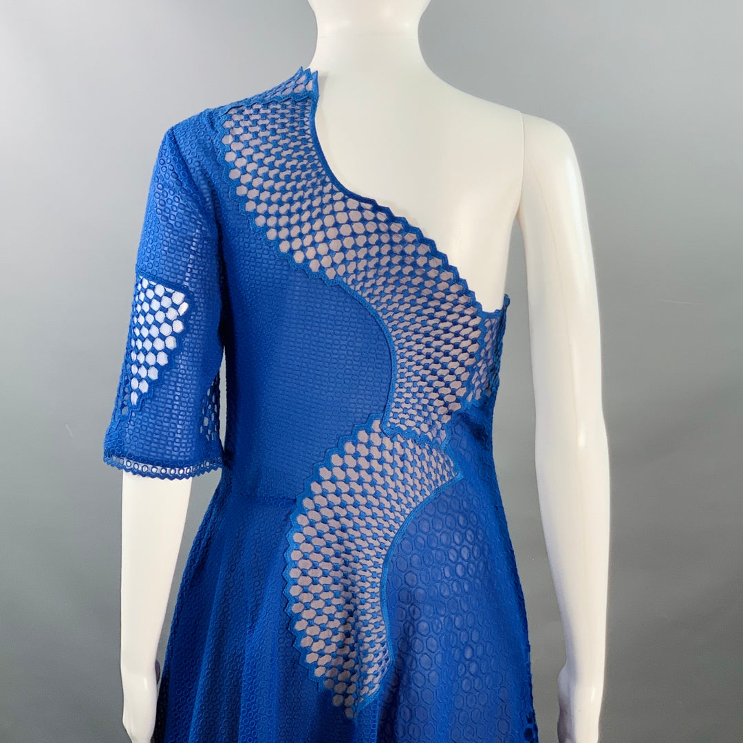 STELLA McCARTNEY Size 2 Royal Blue Nude Lace One Sleeve Asymmetrical Midi Cocktail Dress
