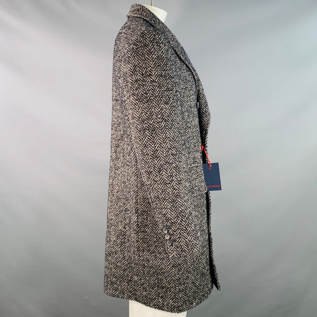 MAX STANCO Size 46 Grey Black Herringbone Wool Blend Double Breasted Peak Lapel Coat