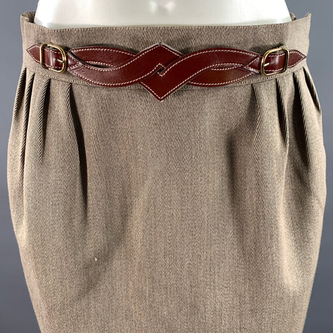 HERMES Size 10 Tan Wool Twill Pencil Knee-Length Skirt