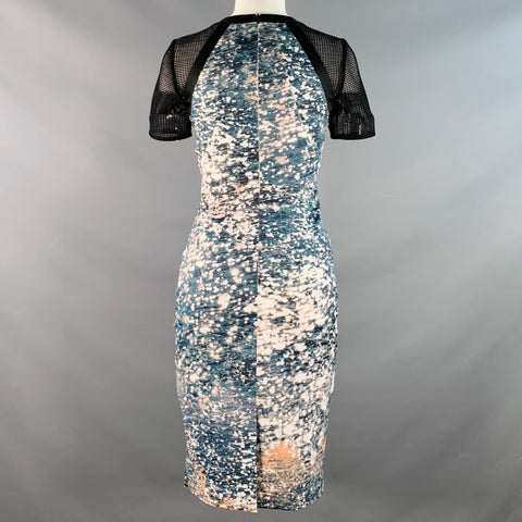 KAREN MILLEN Size 4 Black Green White Acetate Blend Abstract Mesh Sleeves Dress