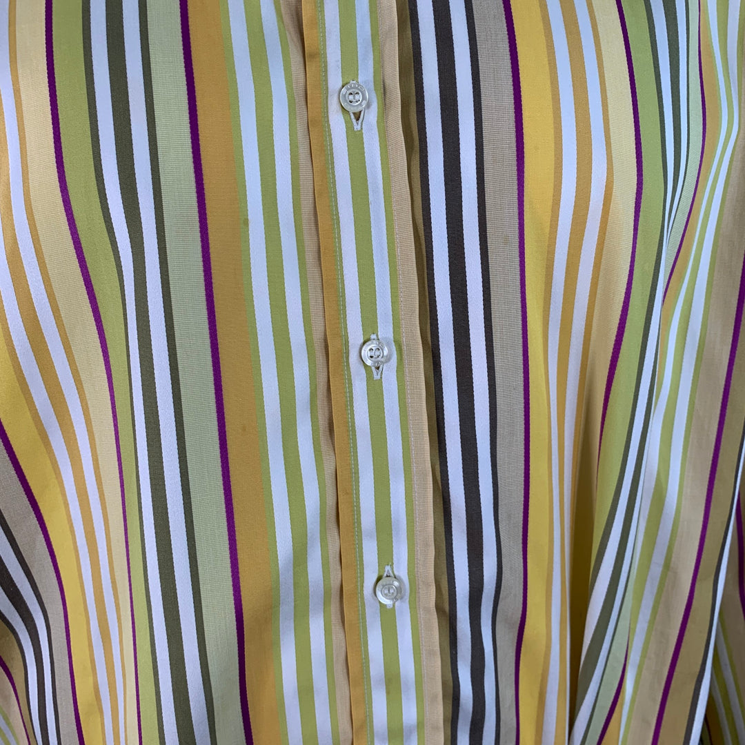 ETRO Size 44 Yellow Green White Stripe Cotton Curved Cutaway Long Sleeve Shirt