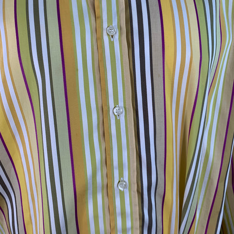 ETRO Size 44 Yellow Green White Stripe Cotton Curved Cutaway Long Sleeve Shirt