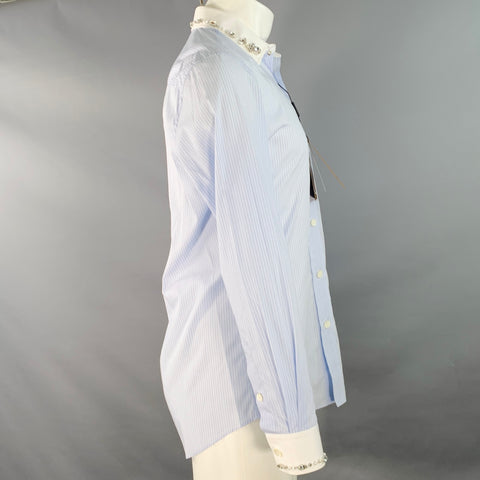 Chemise longue BURBERRY Taille S Rayures bleues et blanches Coton Embellissement en cristal Une poche Manches longues