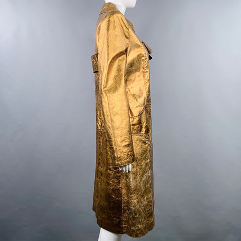 JUST CAVALLI Size 4 Gold Metallic Leather Distressed Long Coat