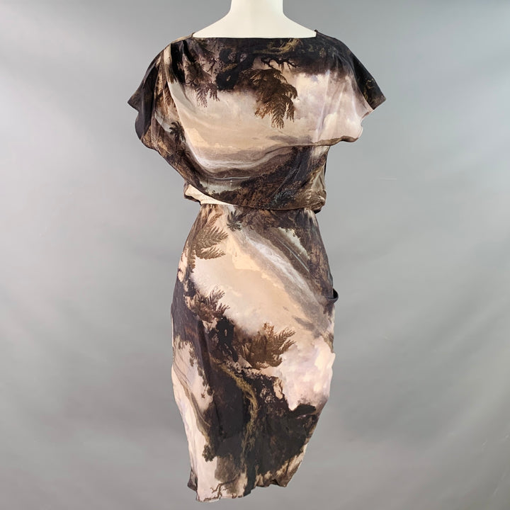 ALLSAINTS Size 2 Brown Beige Silk Tapestry Drapey V-Neck Midi Dress