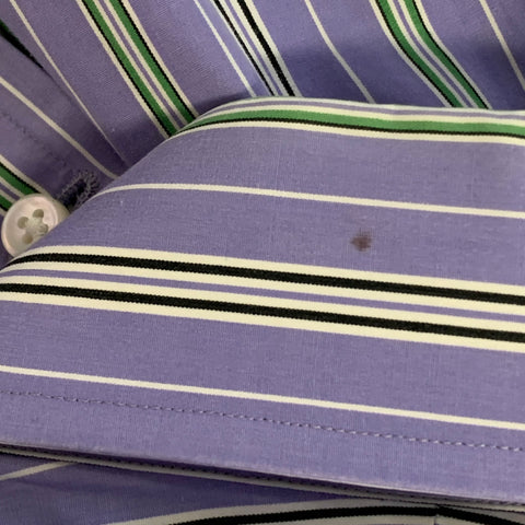 Chemise à manches longues Ralph Lauren, taille XL, en coton à rayures lilas, vertes et blanches, coupe ajustée.
