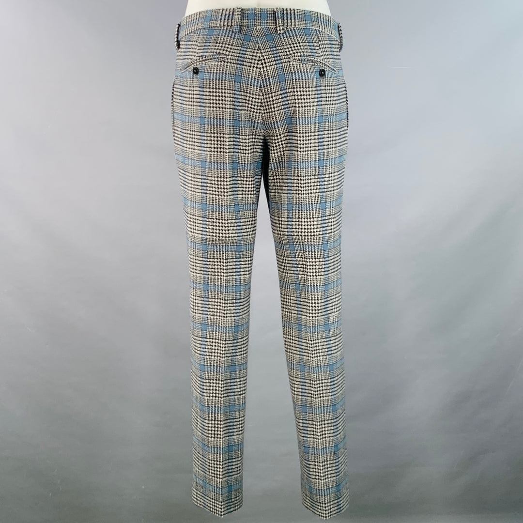 GUCCI Size 38 Black White Blue Glenplaid Wool Notch Lapel Suit