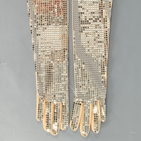 BURBERRY LONDON Size M Cindy Gem Silver Nude Checkered Polyamide Blend Gloves