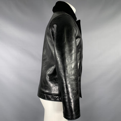 Y'2LEATHER Size M -Aniline N-1- Black Horsehide Leather Zip Up Buttons Jacket