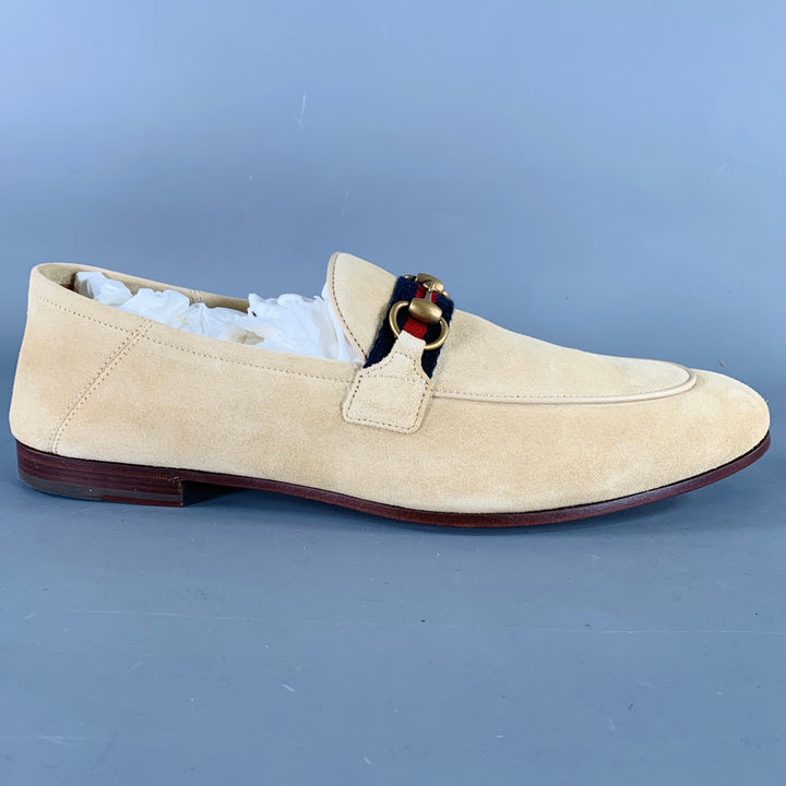 GUCCI Size 12.5 Beige Navy Red Ribbon Trim Suede Loafers