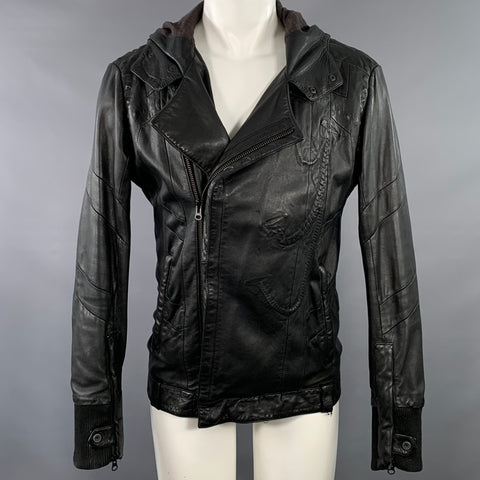 DIESEL BLACK GOLD Vintage Size M Black Leather Zip Up Hooded Jacket
