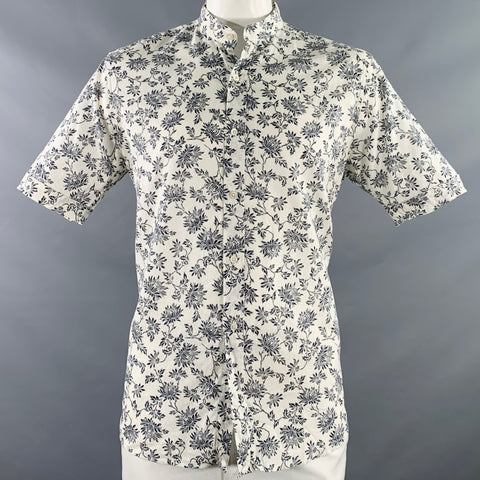 SHANGHAI TANG Size L White Black Floral Linen Cotton Collarless Short Sleeve Shirt