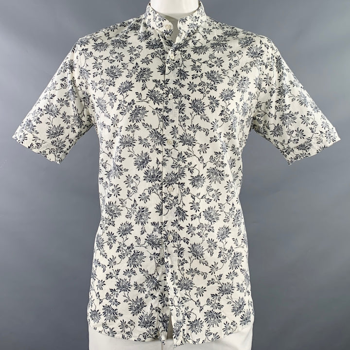 SHANGHAI TANG Size L White Black Floral Linen Cotton Collarless Short Sleeve Shirt