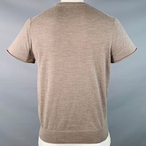 SUITSUPPLY Taille XL Marron Chiné Tricot Laine Mérinos Maillot Col Rond T-shirt