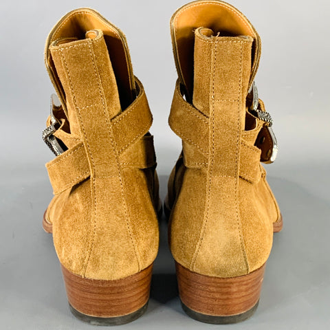 SAINT LAURENT Size 8 Hedi Strap Tan Silver Suede Western Buckle Boots