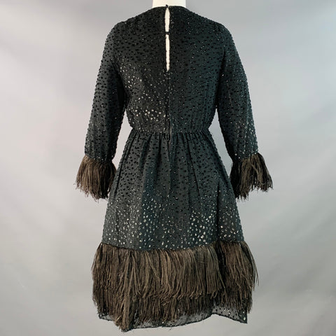 SAKS FIFTH AVENUE Size S Black Polyester Textured Ostrich Fringed Cocktail Dress