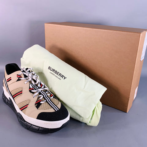 BURBERRY by RICARDO TISCI Size 12 Tan Black Red Stripe Mesh Low Top Sneakers