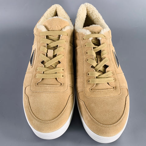 PRADA Size 12 Downtown Shearling Tan Suede Lace-Up Sneakers