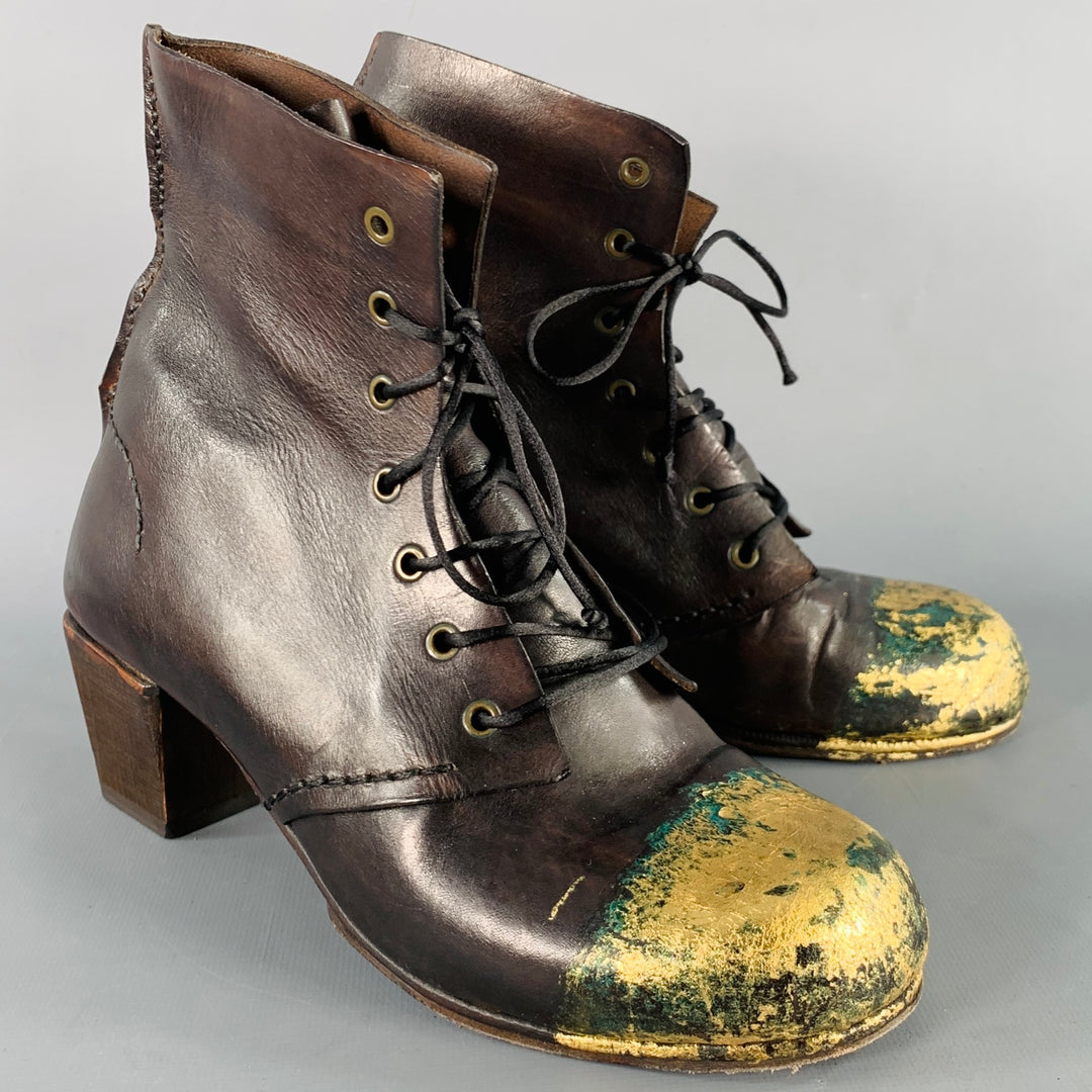 MUNOZ VRANDECIC Size 8 Brown Gold Leather Paint Splattered Wooden 