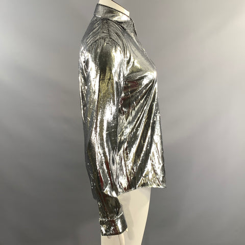 HELMUT LANG Size L Silver Polyester Silk Velvet Button Up Shirt