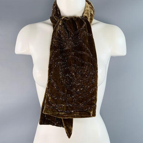RALPH LAUREN COLLECTION Khaki Beaded Floral Viscose Silk Velvet Scarf