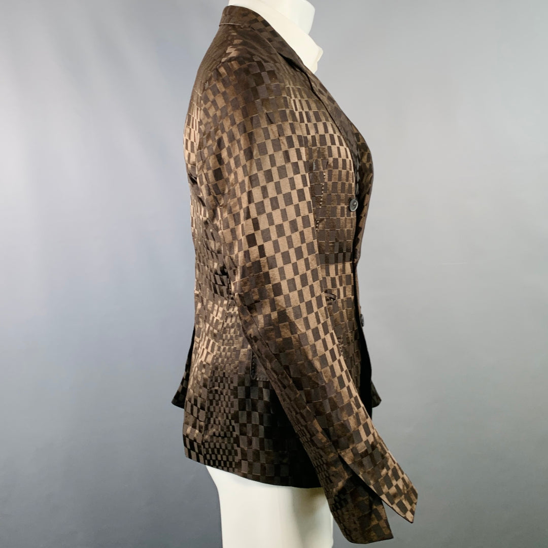 HAIDER ACKERMANN Size 38 Brown Checkered Jacquard Linen Silk Double Breasted Sport Coat