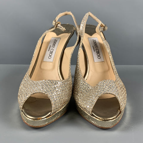 JIMMY CHOO Zapatos de tacón con tira trasera de cuero plateado talla 10