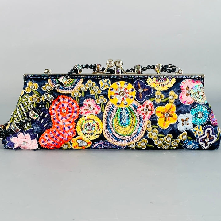 VINTAGE Navy Pink Beaded Sequined Floral Satin Clutch Handbag