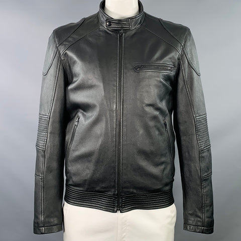 WEST COAST LEATHER Size L Racer Black Lambskin Leather Hooded Zip Up Jacket