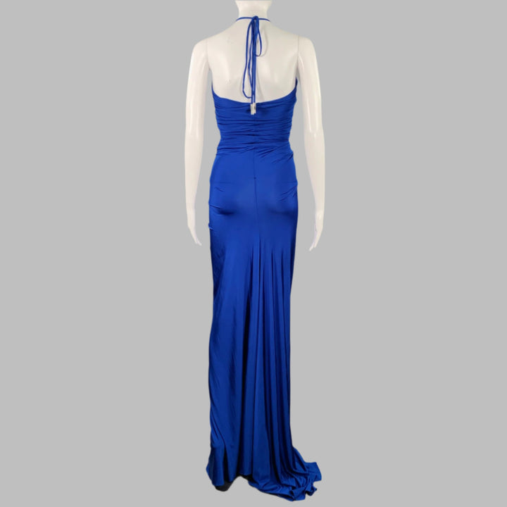 HALSTON Size 0 Blue Cobalt Ruched Halter Long Evening Gown